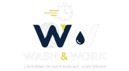 Logo WashAndWork avec style moderne, symbole de service de lavage de voitures.